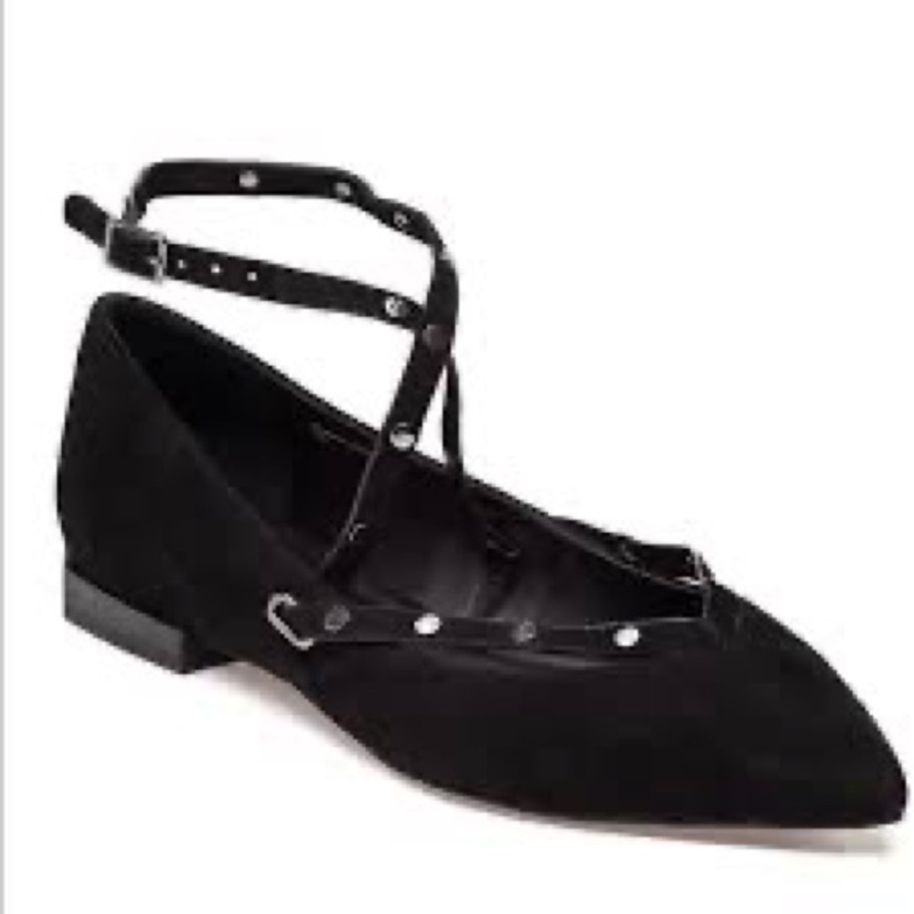 Rebecca Minkoff black suede ankle strap flats